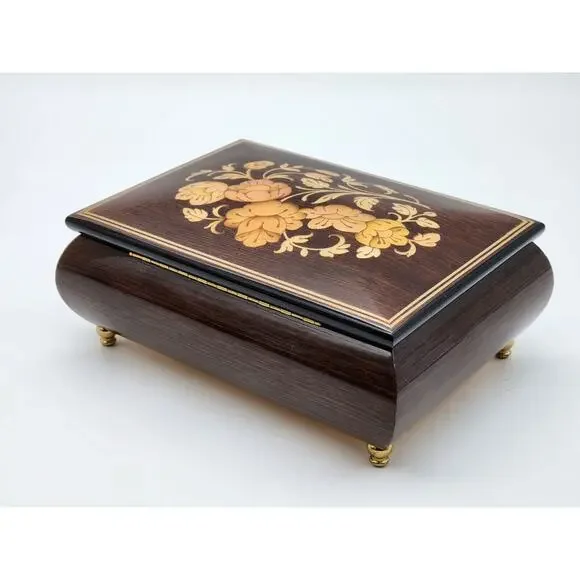 Romance Italian Music Box Inlaid Floral Lacquered Jewelry Trinket